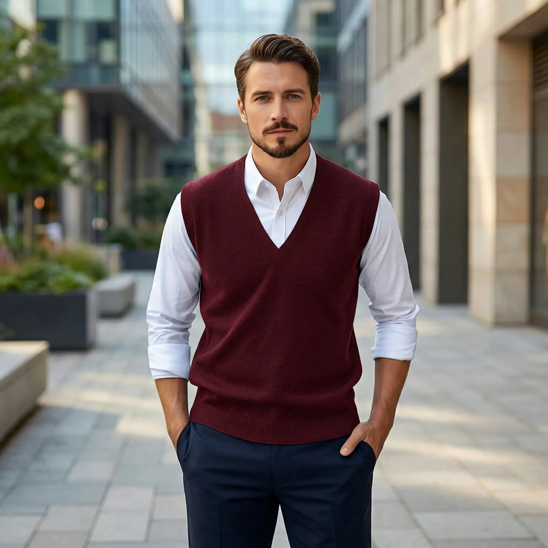 Men's V-neck sleeveless vest for smart casual layering. Polished classic style, perfect for sophisticated men's outfits.