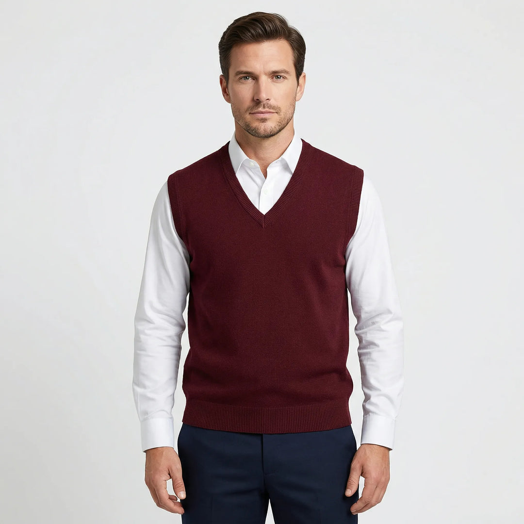 Versatile men's V-neck pullover vest. All-season sleeveless layering piece, elevates casual or smart casual men's apparel.