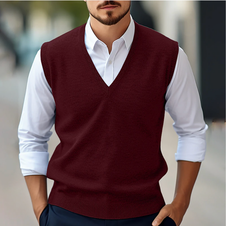 Polished men's sleeveless V-neck vest, perfect for office or smart casual wear. Essential men's apparel for a sharp look.