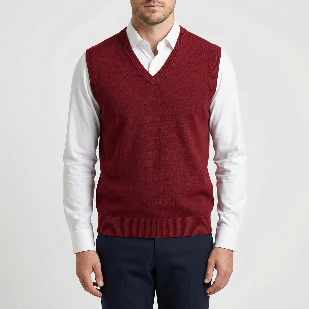 Men's V-neck layering vest. Sleeveless design adds warmth & style without bulk for an elegant casual or smart look.