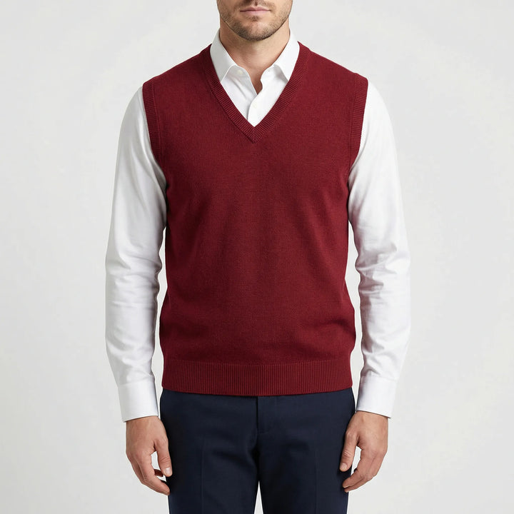Men's V-neck layering vest. Sleeveless design adds warmth & style without bulk for an elegant casual or smart look.