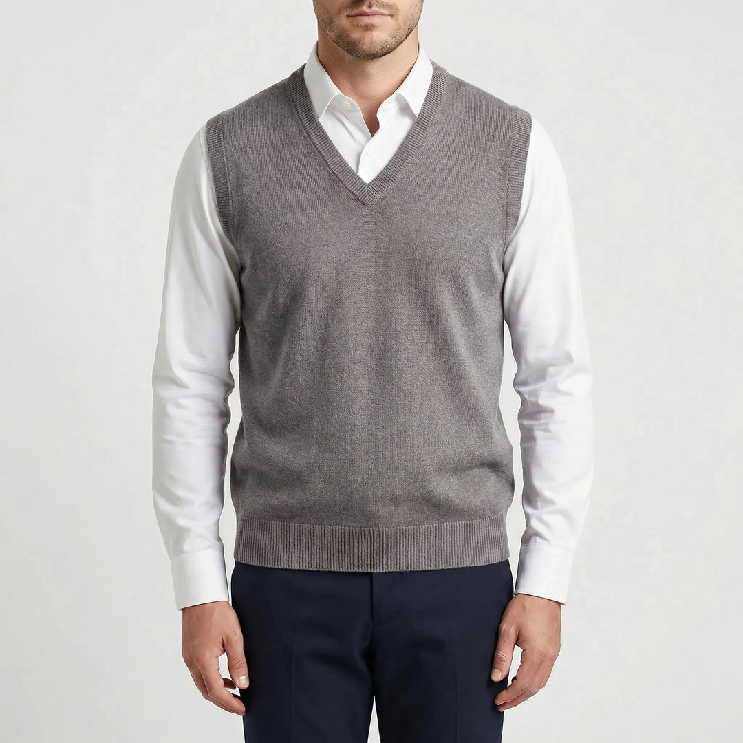 Stylish men's sleeveless V-neck vest. Classic pullover for easy smart casual or business casual men's styling all season.