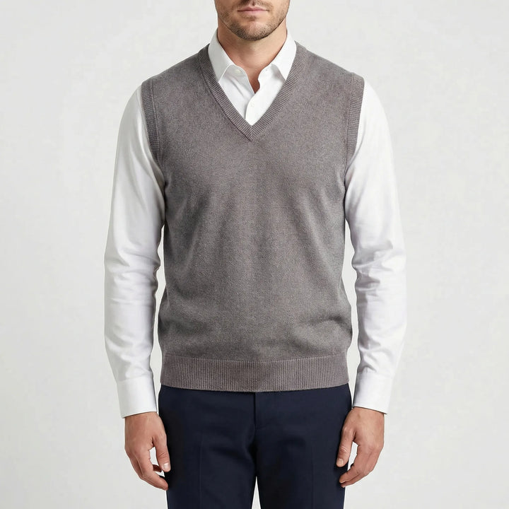 Stylish men's sleeveless V-neck vest. Classic pullover for easy smart casual or business casual men's styling all season.