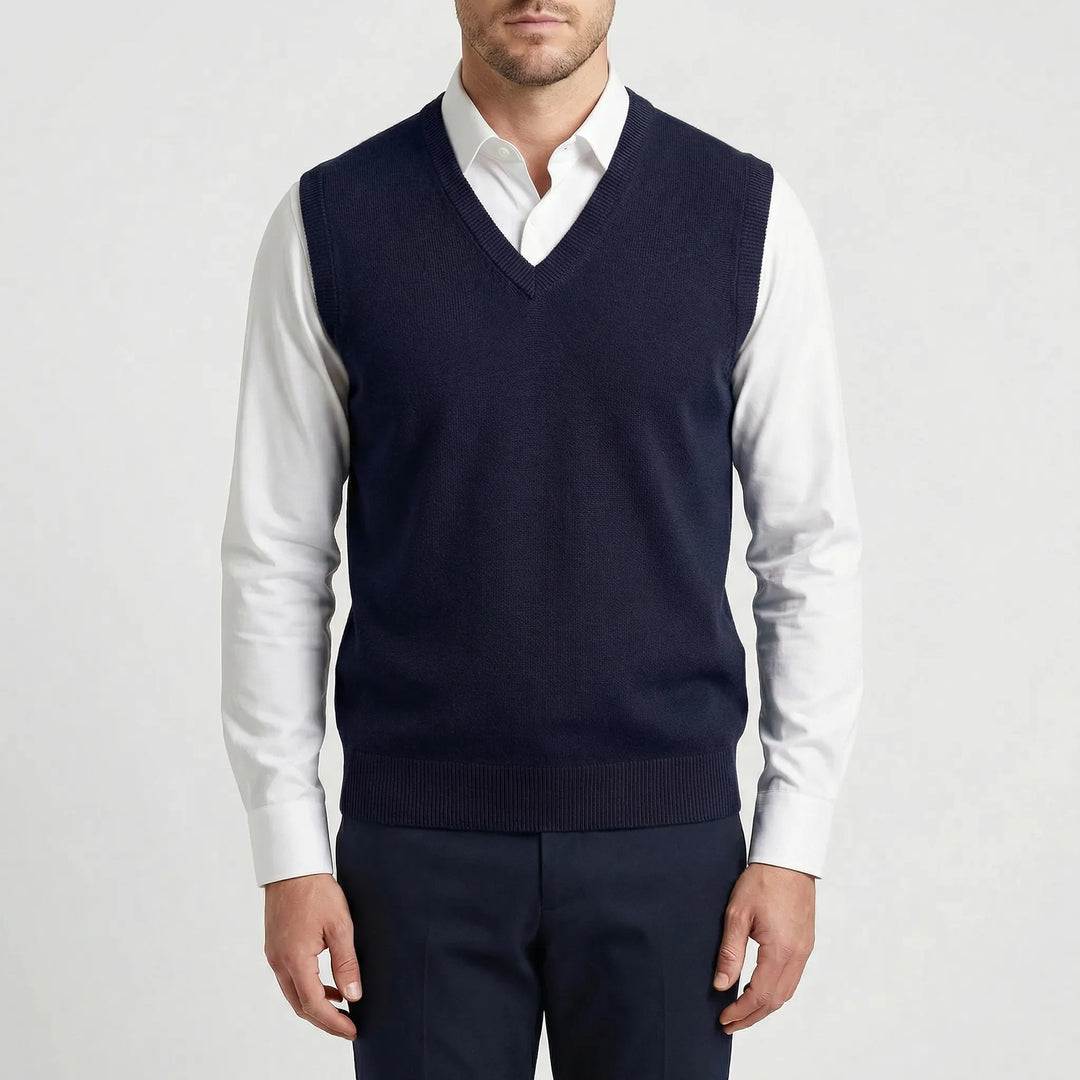 Modern classic men's V-neck sleeveless pullover vest. Essential for creating polished, versatile layered men's outfits.