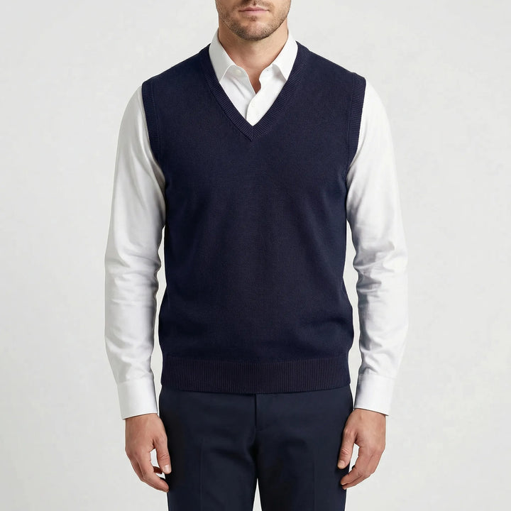 Modern classic men's V-neck sleeveless pullover vest. Essential for creating polished, versatile layered men's outfits.