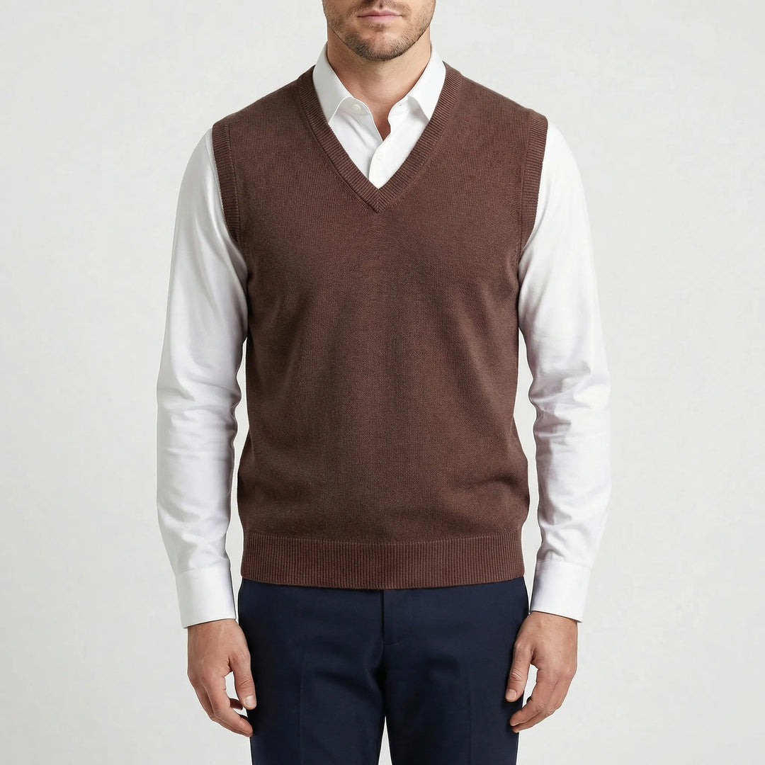 Comfortable men's V-neck sleeveless vest. Easy pullover style, great for adding a smart casual layer to men's apparel.