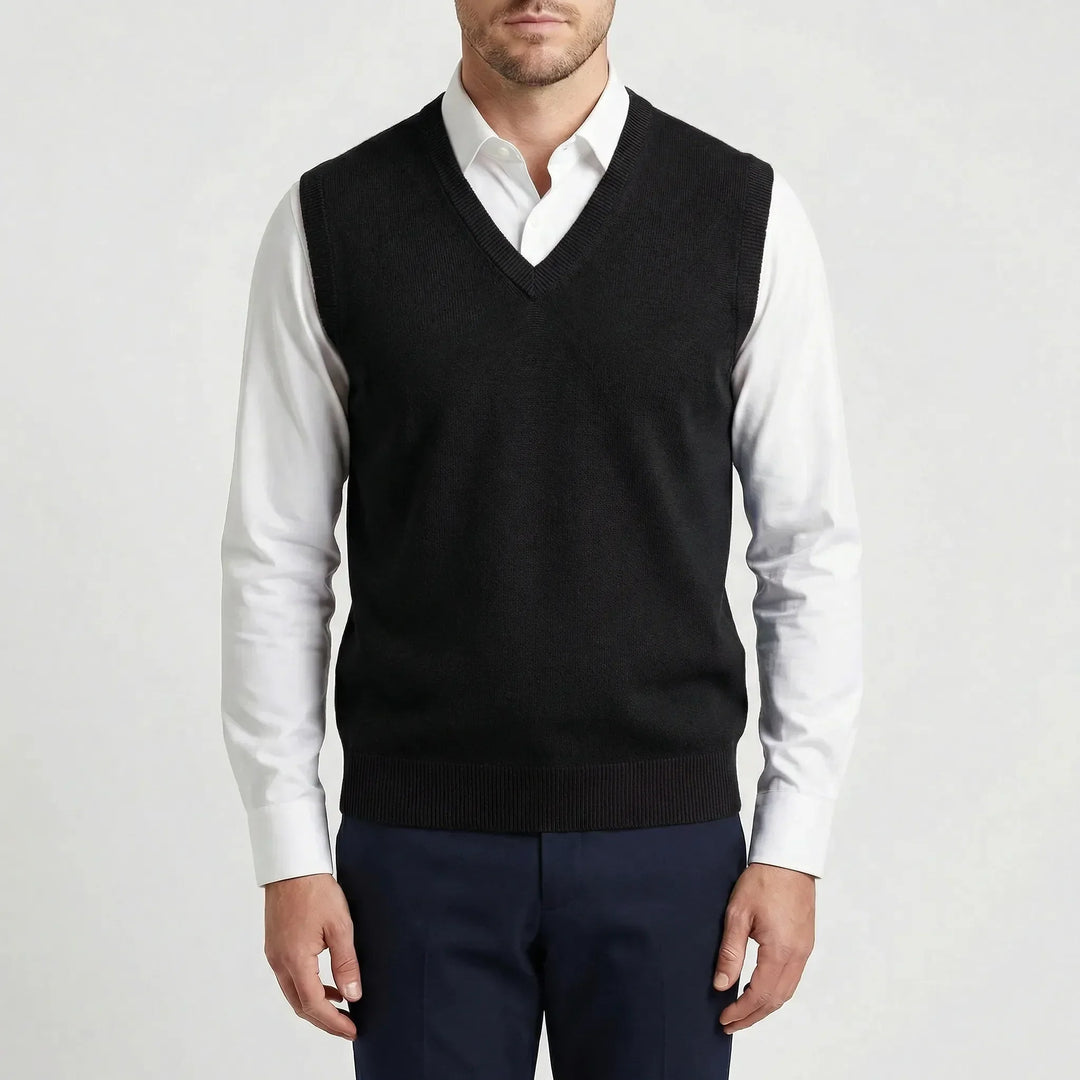 Men's fashion V-neck sleeveless vest. Versatile pullover for sophisticated layering, smart casual men's style all year.