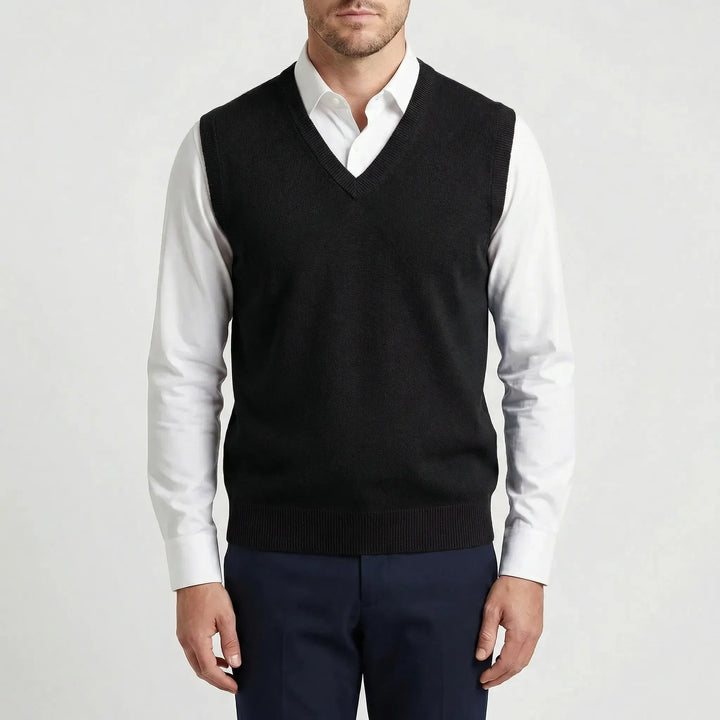 Men's fashion V-neck sleeveless vest. Versatile pullover for sophisticated layering, smart casual men's style all year.