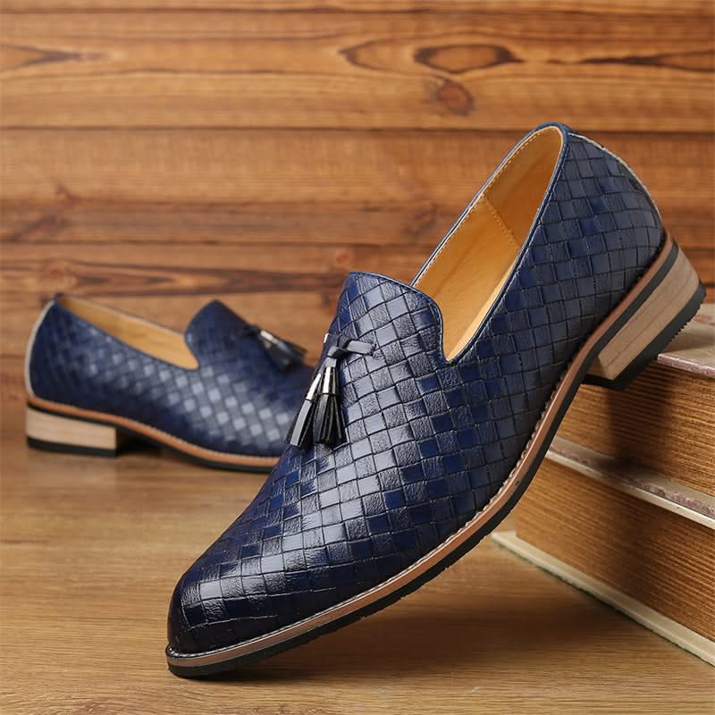 Comfortable brown men's slip-on loafers. Valtieri woven design with stylish tassels for smart casual.
