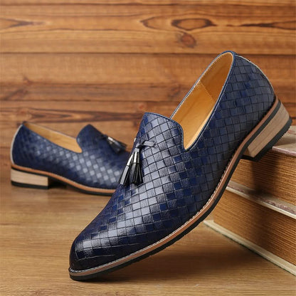 Comfortable brown men's slip-on loafers. Valtieri woven design with stylish tassels for smart casual.