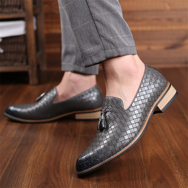Elegant men's Valtieri woven dress loafers. Tan leather, classic tassel details, sophisticated style.