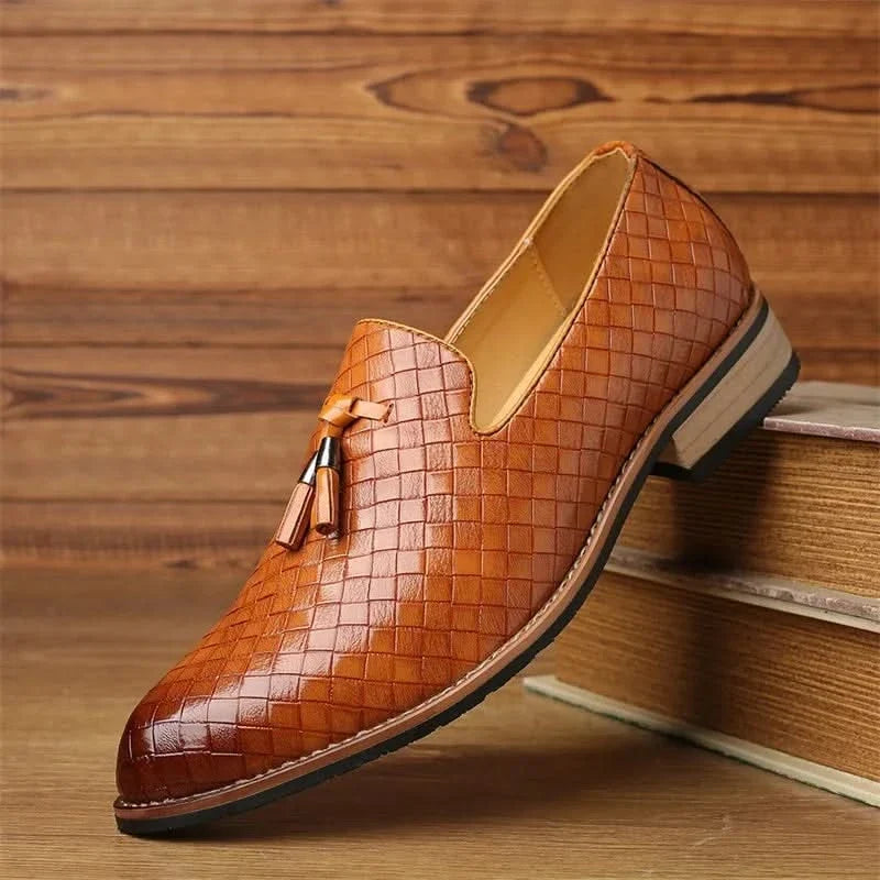 Men's elegant woven loafers. Valtieri brand, sophisticated brown dress shoes with decorative tassels.