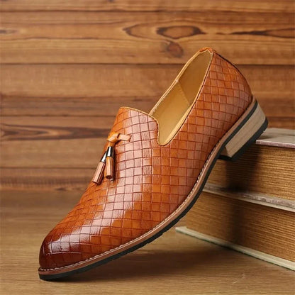 Men's elegant woven loafers. Valtieri brand, sophisticated brown dress shoes with decorative tassels.