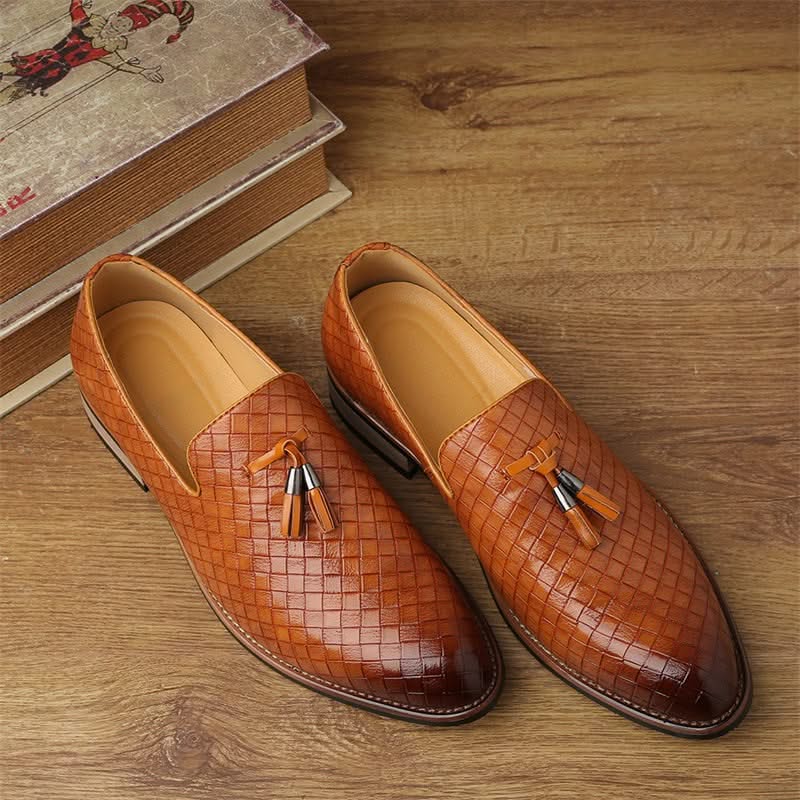 Brown Valtieri men's woven tassel loafers. Versatile dress shoes for sophisticated men's style.