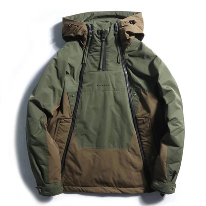 Bold Men's Vector techwear jacket, insulated winter coat with multi-zipper design for urban fashion & cold weather.