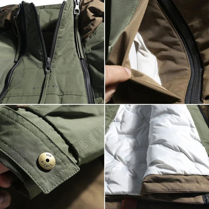 Men's Vector insulated techwear winter coat, rugged, bold design, multi-zipper, ideal for cold weather utility.
