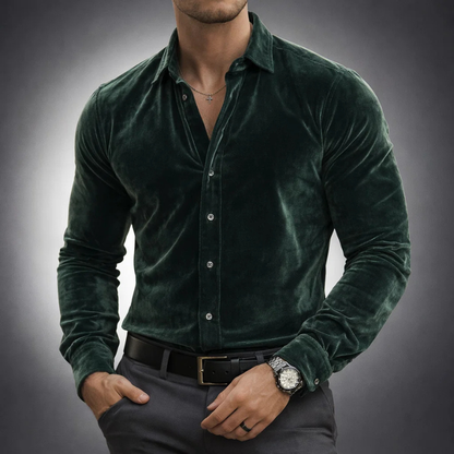Men's elegant tailored fit long sleeve button-up shirt in navy. Perfect collared dress shirt for sophisticated fashion.