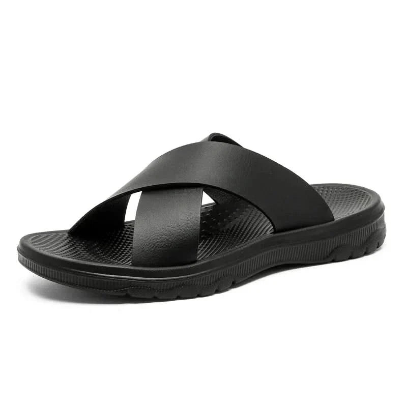Black Venturo men's cross-strap comfort sandals, non-slip durable sole for everyday casual footwear.
