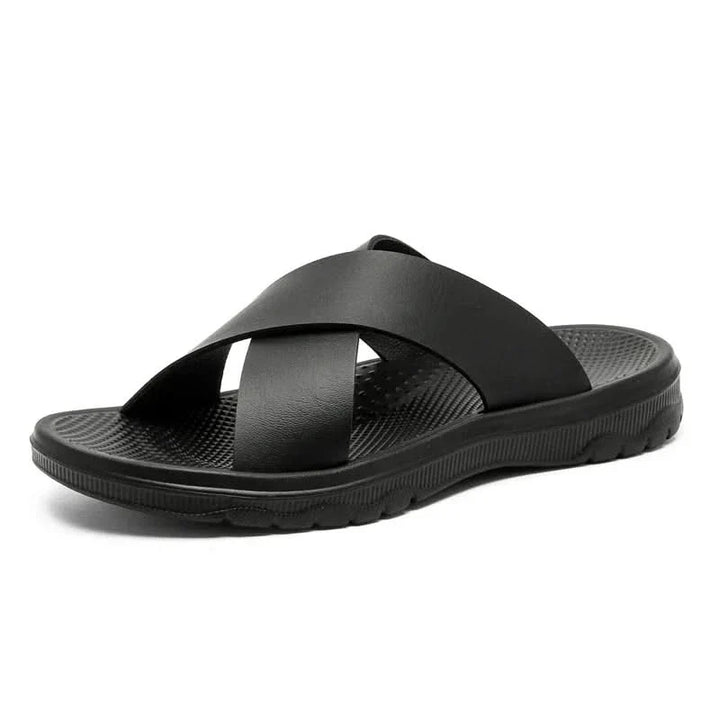 Black Venturo men's cross-strap comfort sandals, non-slip durable sole for everyday casual footwear.
