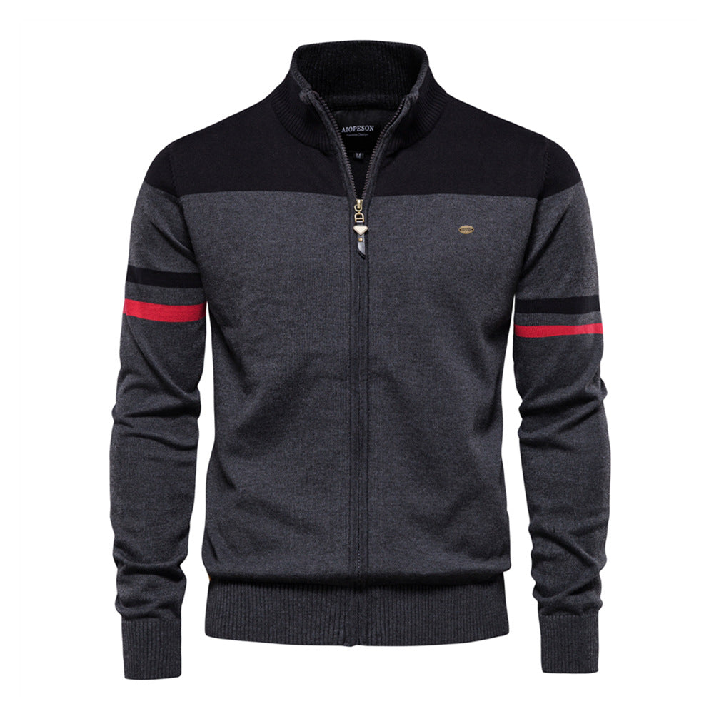 Full-zip Verona men's cardigan sweater with modern colorblock design. Ideal for casual outerwear.