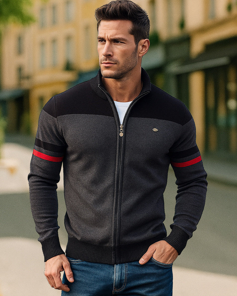 Stylish men's full-zip cardigan, Verona colorblock sweater, an essential for contemporary menswear.