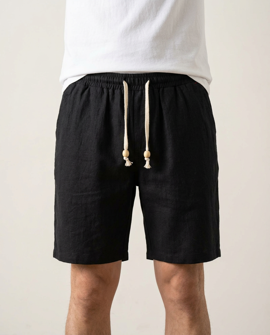 Black men's versatile athletic shorts, featuring a comfortable relaxed fit and adjustable drawstring for all-day wear.