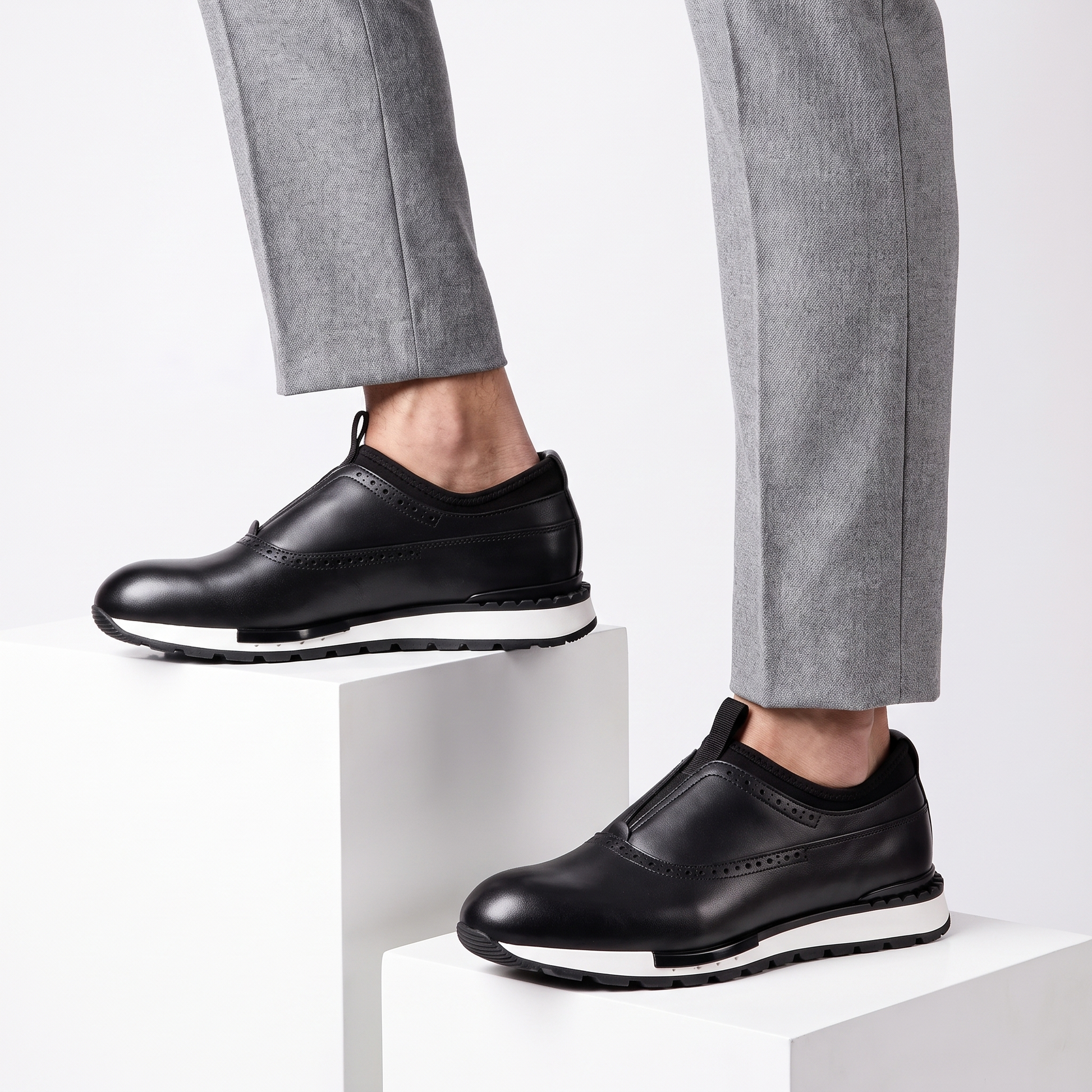 Men's versatile black slip-on dress shoes, ideal for work, office, or casual everyday comfort. Stylish loafers.