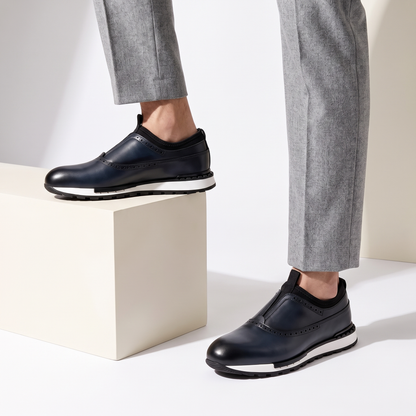 Professional men's brown slip-on dress shoes for office, work, and versatile casual style. Comfortable round toe.