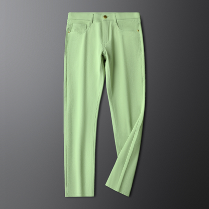 Mint green men's brushed cotton trousers, tailored fit for versatile smart casual outfits.