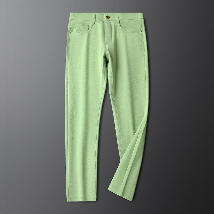 Mint green men's brushed cotton trousers, tailored fit for versatile smart casual outfits.