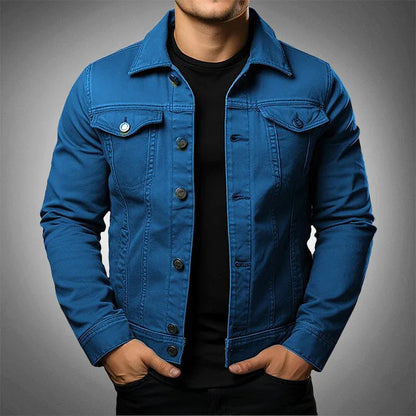 Stylish men's blue button-front casual jacket, ideal outerwear for spring layering and modern street style fashion.