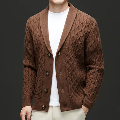 Men's versatile button-up cardigan, textured knit. Ideal for smart casual layered looks & comfort style.