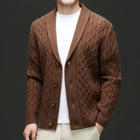 Men's versatile button-up cardigan, textured knit. Ideal for smart casual layered looks & comfort style.