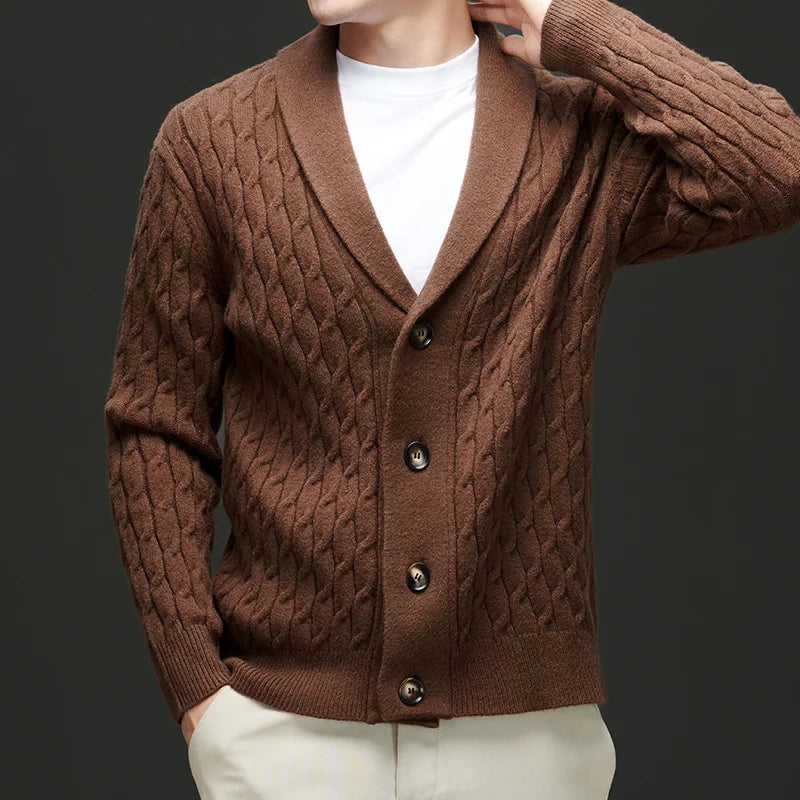 Stylish men's button-up cardigan, long sleeve. Textured knit for smart casual, everyday fashion & comfort.