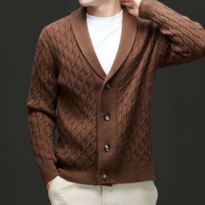 Stylish men's button-up cardigan, long sleeve. Textured knit for smart casual, everyday fashion & comfort.