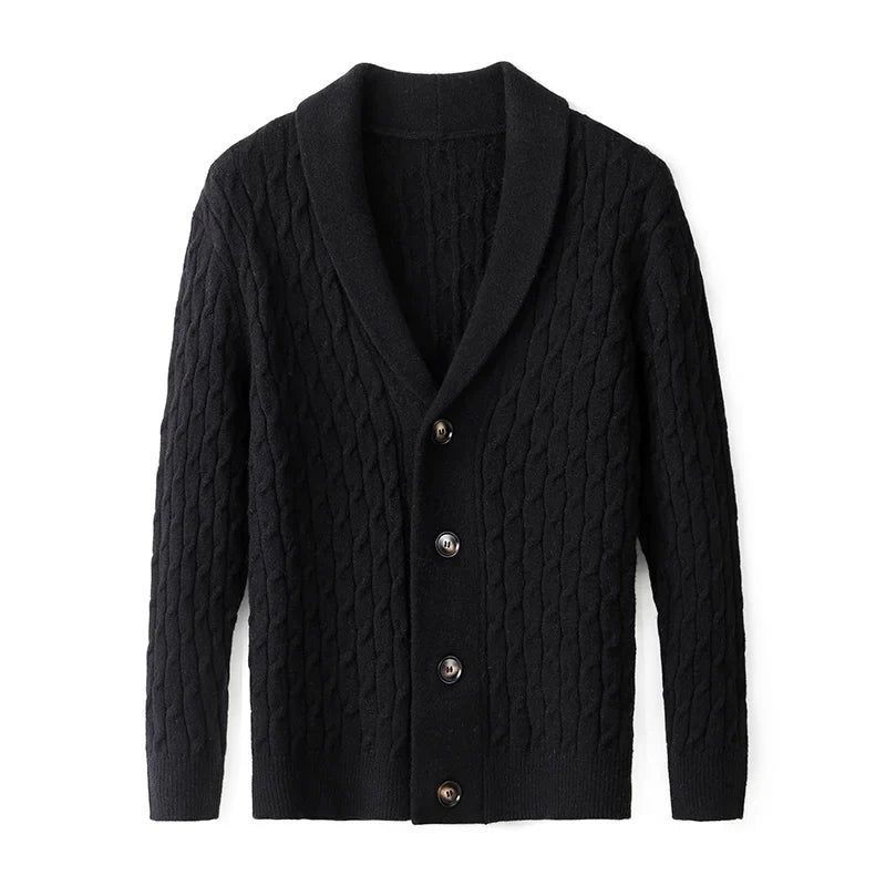 Detail of men's button-up cardigan. Textured knit fabric and button closures for smart casual layered wear.