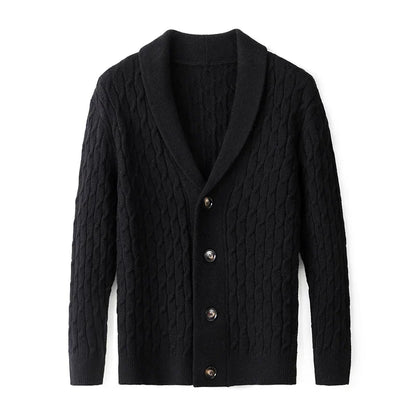 Detail of men's button-up cardigan. Textured knit fabric and button closures for smart casual layered wear.