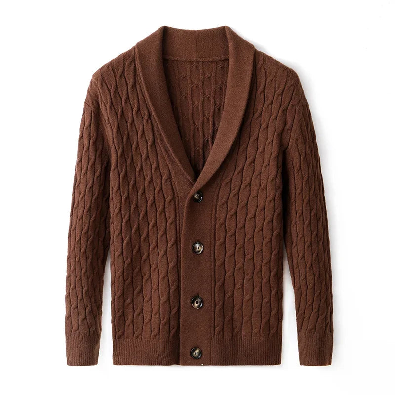 Men's button-up cardigan, textured knit. Styled for a smart casual layered look, offering comfort & versatile wear.