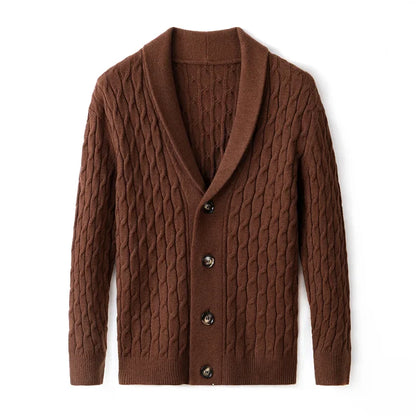 Men's button-up cardigan, textured knit. Styled for a smart casual layered look, offering comfort & versatile wear.