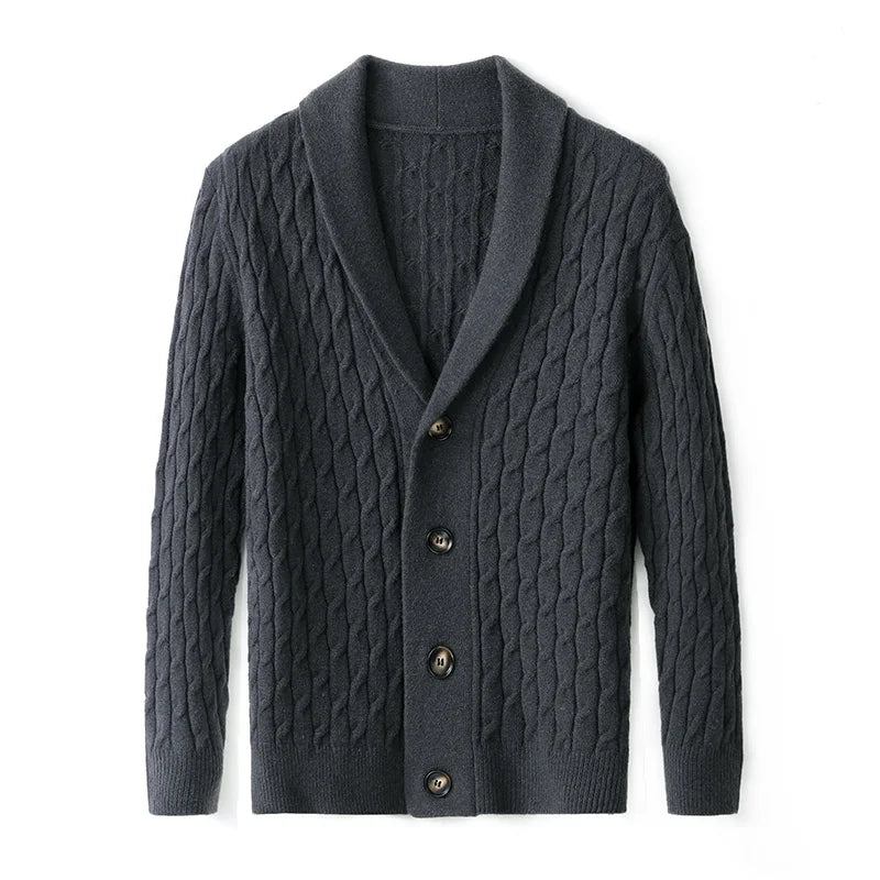 Elevated men's button-up cardigan. Textured knit, versatile long sleeve sweater for smart casual & layered looks.