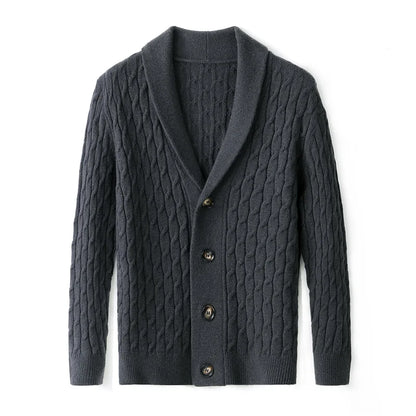 Elevated men's button-up cardigan. Textured knit, versatile long sleeve sweater for smart casual & layered looks.
