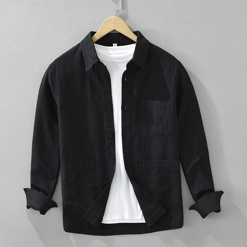 Comfortable men's relaxed fit button-up shacket, ideal as a layering top or casual jacket.