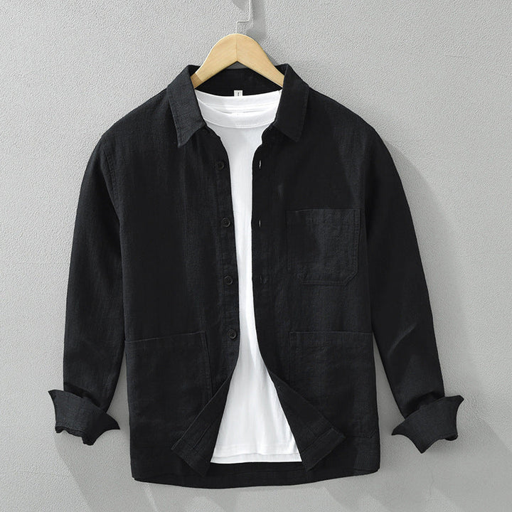 Comfortable men's relaxed fit button-up shacket, ideal as a layering top or casual jacket.