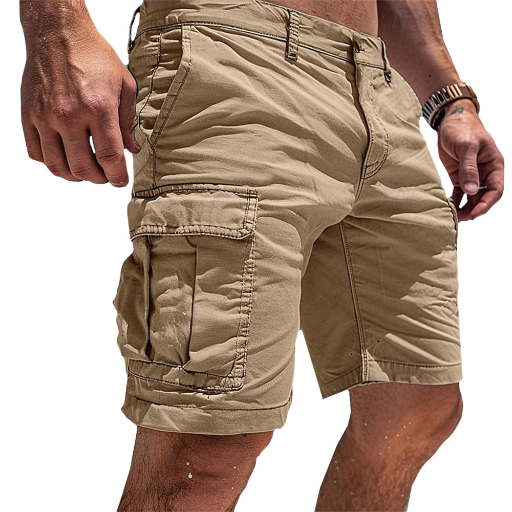 Close-up of men's multi-pocket cargo shorts, highlighting tactical design and durable construction for utility.