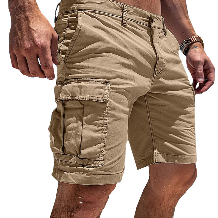 Close-up of men's multi-pocket cargo shorts, highlighting tactical design and durable construction for utility.