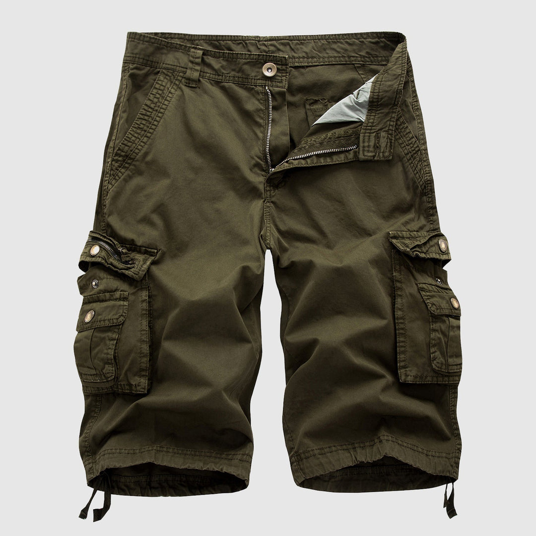 Practical men's utility cargo shorts with multiple pockets and an adjustable hem, great for casual style.