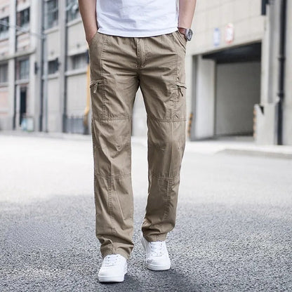 Detail of comfortable waistband on men's relaxed fit cargo pants, ensuring everyday comfort & practical style.