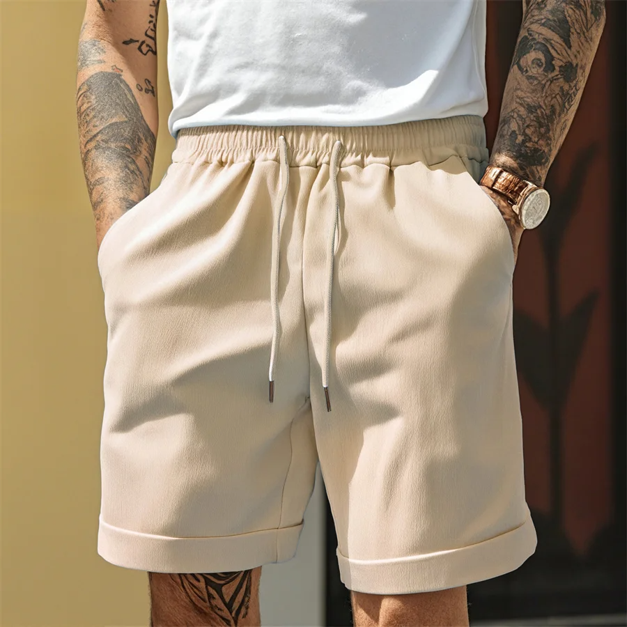 Back view of men's comfortable drawstring cuffed shorts, designed for effortless style & versatile summer casual wear.