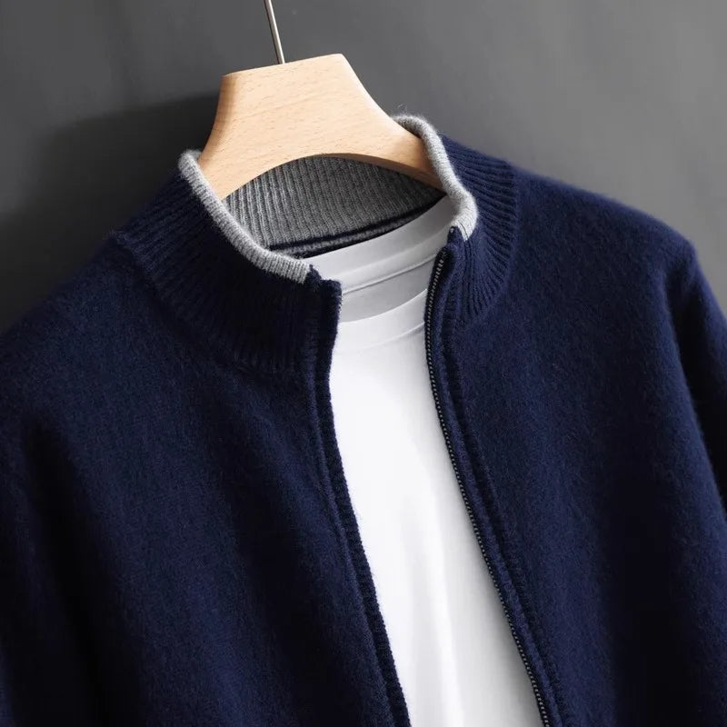 Men's smart casual full-zip cardigan, a versatile layering piece for fall & winter. Everyday comfort.