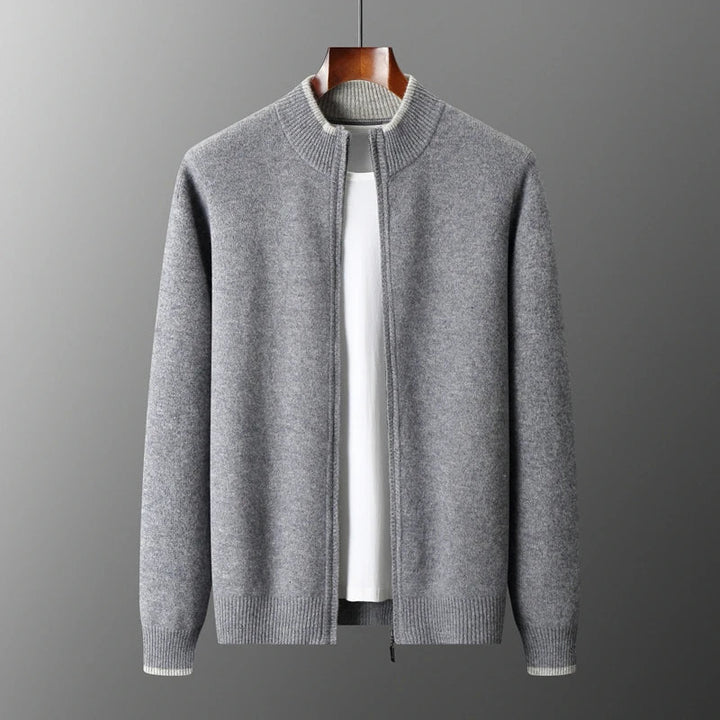 Tailored men's full-zip cardigan jacket, comfortable outerwear for versatile styling in fall & winter.